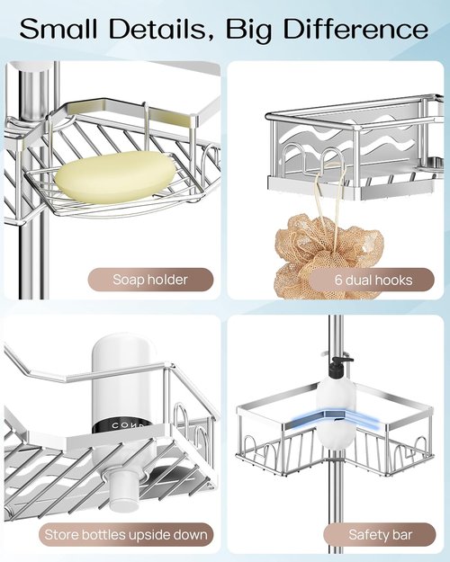 ALLZONE Corner Shower Caddy - Adjustable Tension Pole with 4 Baskets & Rust-Resistant Stainless Steel | 34-116 Inch