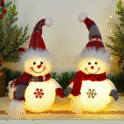 Juegoal Lighted Snowmen Figurines - 10 Inch Christmas Table Decorations | Battery Operated Holiday Ornaments