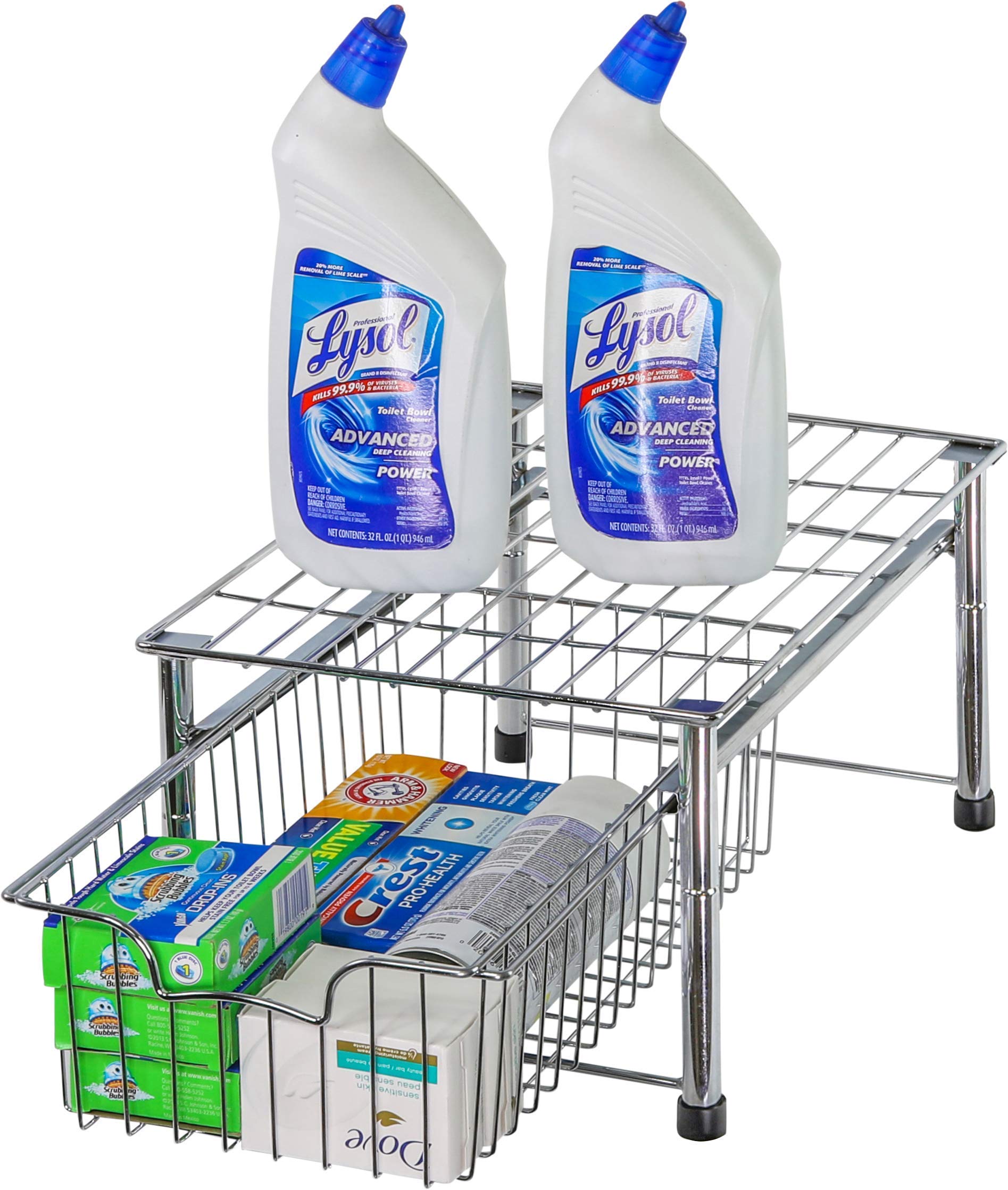 SimpleHouseware Stackable 2 Tier Sliding Basket + Single Tier Basket, Chrome