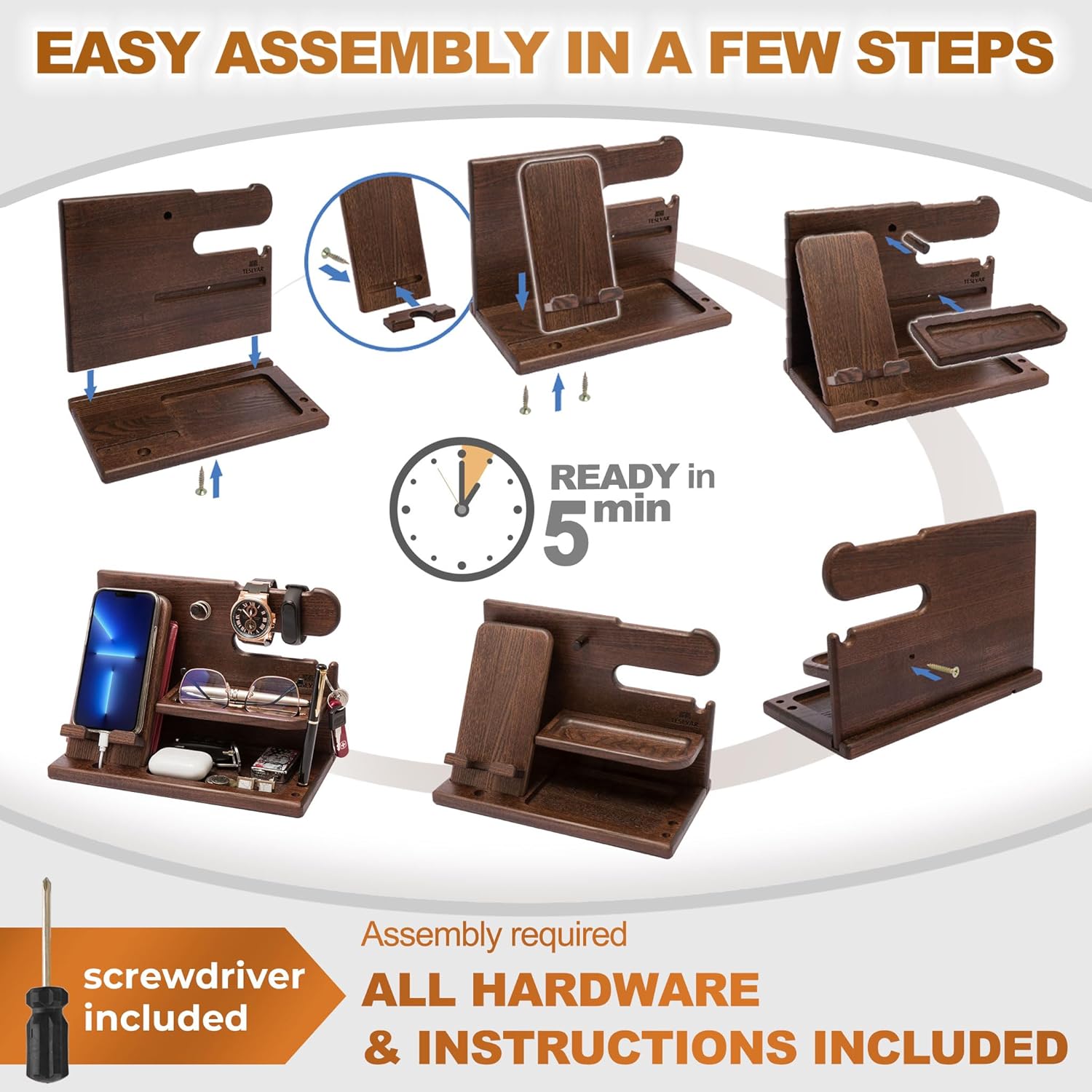 TESLYAR Wood Phone Docking Station - Stylish Desk Organizer for Men | Key Holder & Essentials (Bourbon Brown)