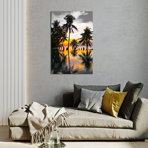 OuElegent Palm Tree Canvas Wall Art Infinity Pool Sunset Landscape Picture Print Seascape Artwork For Hotel Home Living Room Bathroom Decor