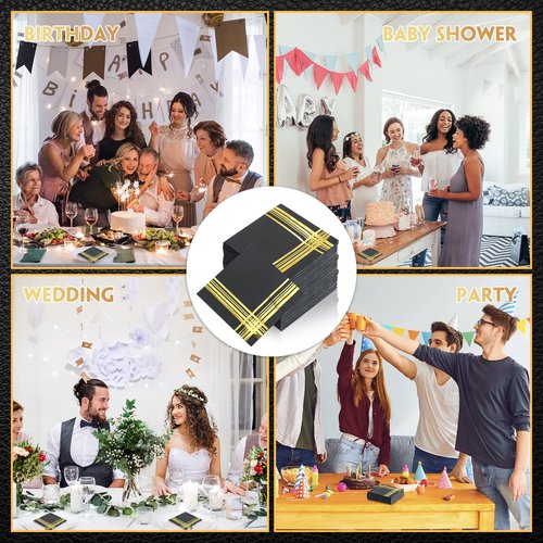 Mimorou 200 Pcs Black and Gold Napkins, 5 x 5 Inch Disposable Cocktail and Dessert Napkins with Gold Trim for Wedding Anniversary Birthday Events