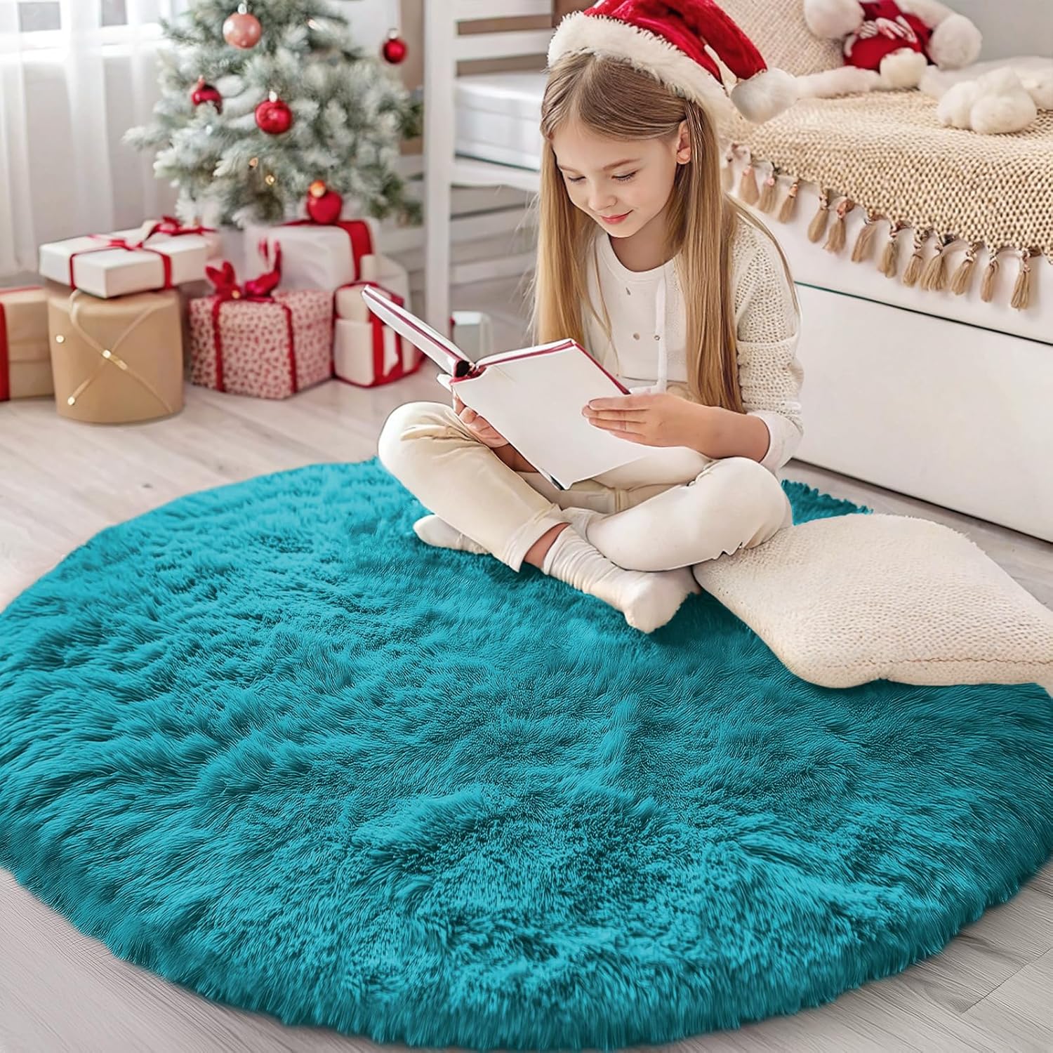 OLANLY Teal Round Area Rug - Soft, Fluffy, Machine Washable 4 ft Circle Carpet for Bedroom & Living Room