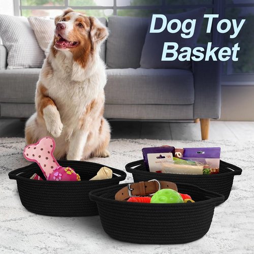MEGASKET Black Woven Basket - Cute Dog Toy Storage Box | Soft Cotton Rope, 13” x 9” x 5”