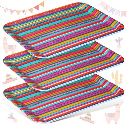 Zubebe Set of 3 Cinco De Mayo Serving Trays 13" x 10" - Mexican Party Decorations, Fiesta Supplies, Reusable Large Boho Rainbow Platter for Festivals