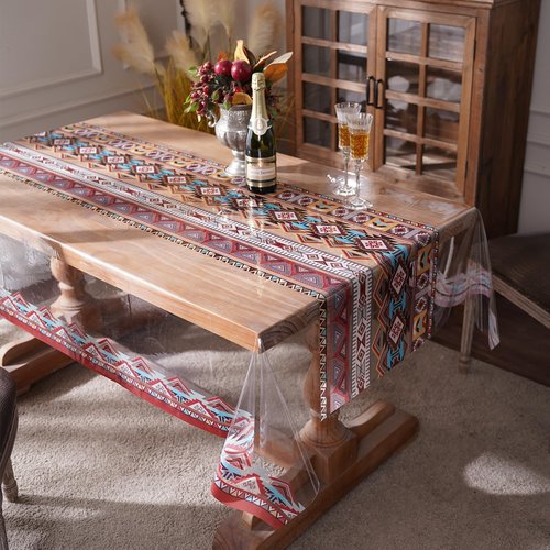 Artbloss Boho Vinyl Rectangle Table Cloth Clear Table Cover Protector with Bohemian Pattern Oil Spill Proof Wipe Clean Plastic Table Covers for Dining Tables (Boho Red, 55 x 120 Inches)