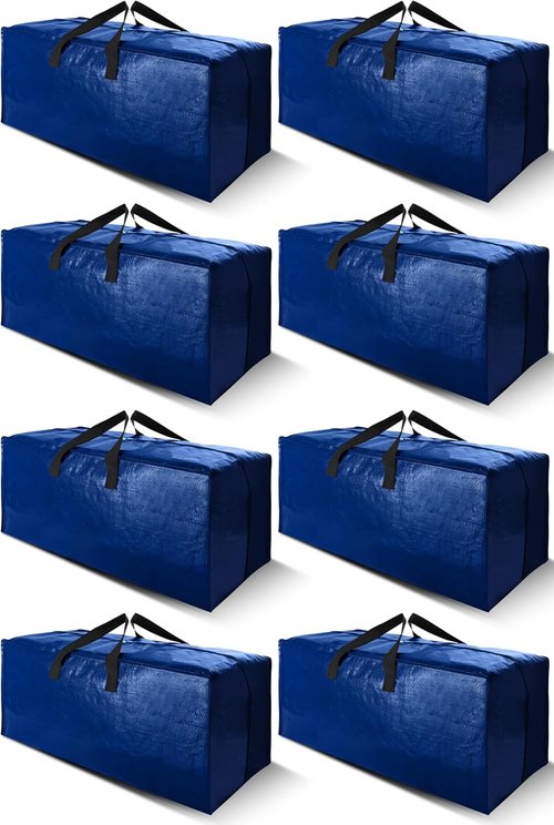 Cosy Family Extra Large Moving Bags - 8 Pack with Strong Handles & Zippers, Space-Saving Storage Totes (Blue)