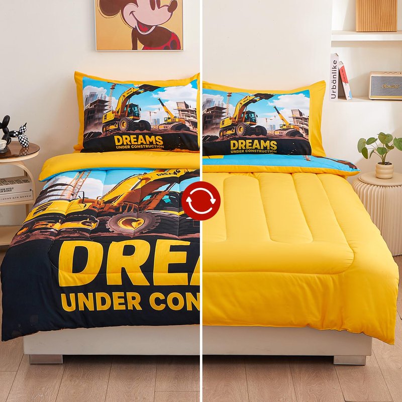 ZUEXVOFY Yellow Digger Twin Bedding Set for Boys – 5 Piece Comforter Bed Sheets Set, Kids’ Bedroom Decor, Teen Boy Room, Car and Excavator Theme, Kids’ Gift, Children’s Twin Bed in a Bag
