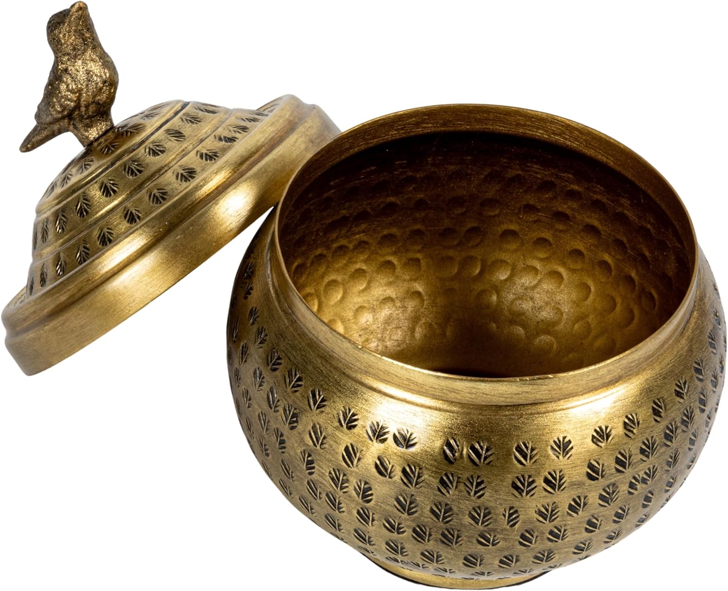 Round Hammered Metal Container - Elegant Bird Finial Design in Brass Finish