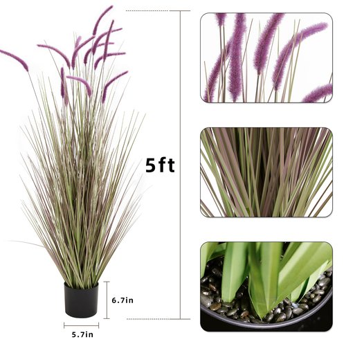 KOL Artificial 5ft 2-Pack Horsetail Reed Grass, 59in Tall Artificial Indoor Outdoor Fake Grass Plant, Home Office Décor Artificial Plants in Pot Faux Plant Greenery, Wedding Decor, Purple