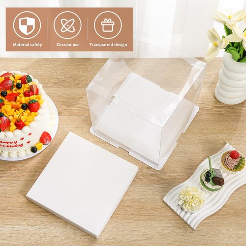JCD 6 Pcs 2-Layer Tall Cake Packaging Boxes,8x8x9in Clear Cake Box with Ribbon,PET Cake Carrier Transport Container for Tiered Cake (White Lid, 8 * 8 * 9inch/6Pcs)