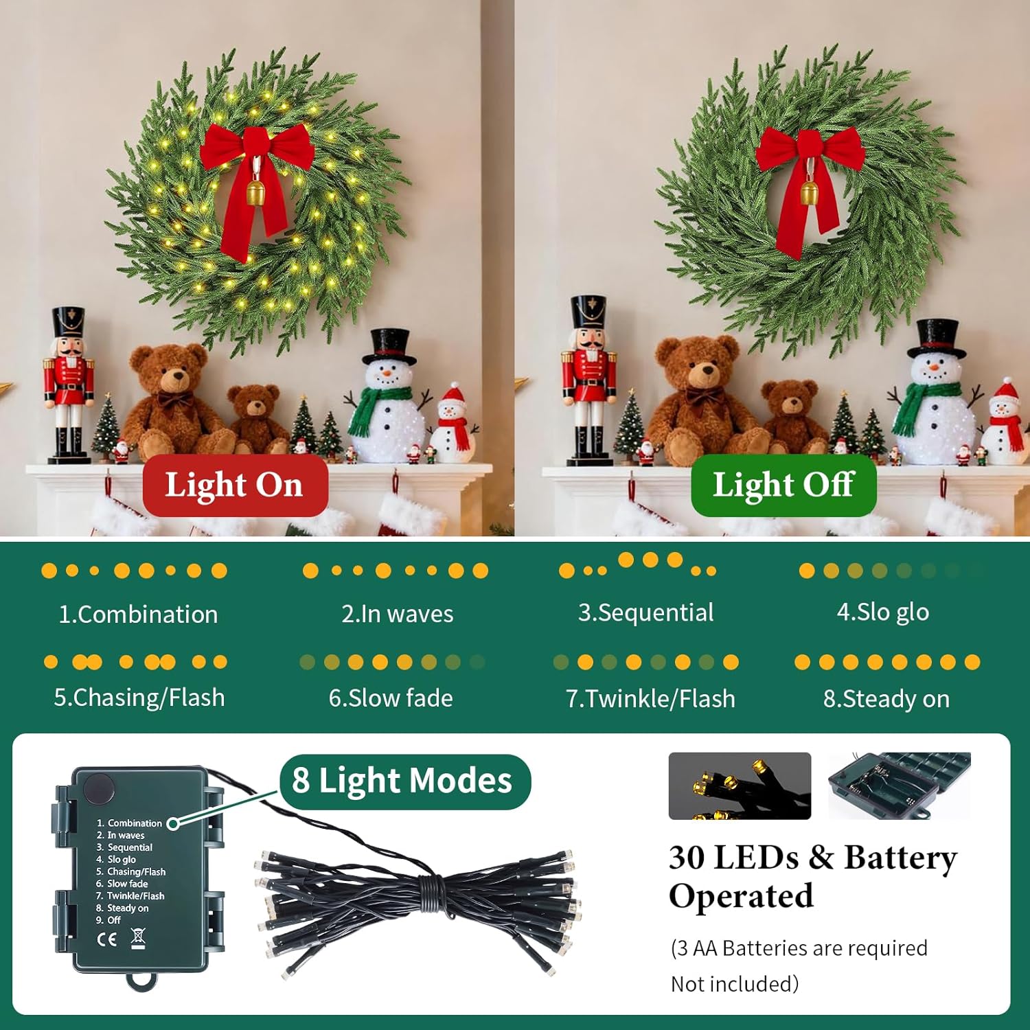 Skiennix Christmas Wreath - 26" Real Touch Pine with Lights, Bow & Bell | Festive Indoor/Outdoor Decor