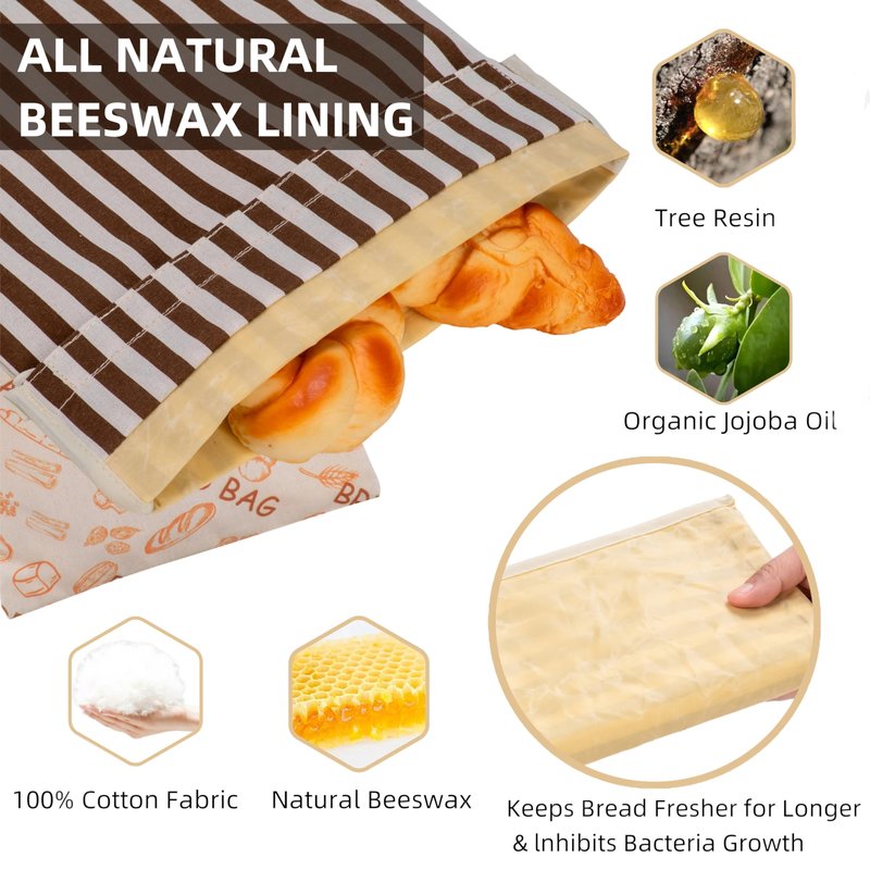 GDDAY Beeswax Bread Bags for Sourdough - Extra Large 17"×12.5", 2 Pack Reusable Organic Cotton Linen Bread Storage Bag, Keeps Bread Fresh Naturally, Eco-Friendly Homemade Bread Bag