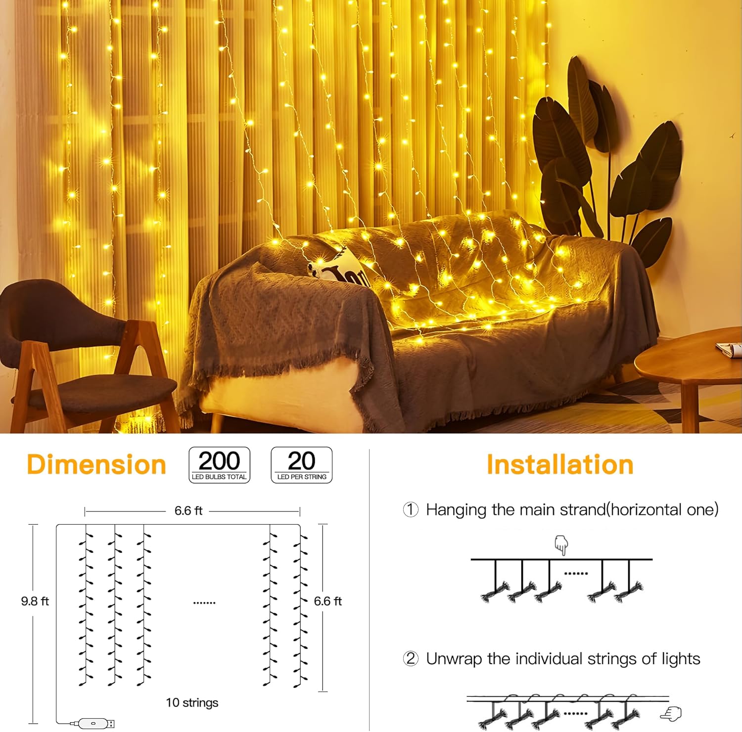 Ollny 200 LED Curtain Lights - 6.6x6.6ft Dimmable Fairy Lights with Remote & Timer | Warm White Indoor Decor