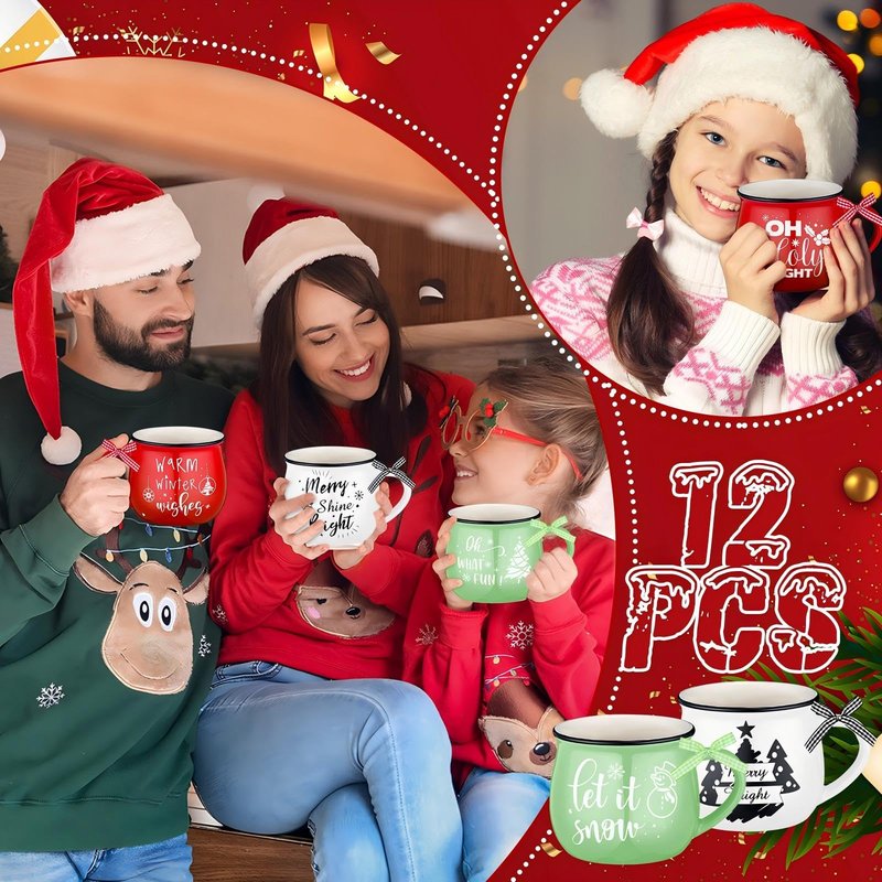 Suttmin 12 Pcs Ceramic Christmas Mugs Set 12 oz Christmas Coffee Cups with Ribbon for Tea and Coffee Xmas Holiday Gift Tiered Tray Decor for Hot Cocoa Kitchen Table, Red, Green, White