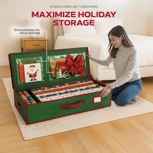 Christmas Wrapping Paper Organizer - Fits Up to 24 Rolls | Storage Bag with Straps & Pockets in Green