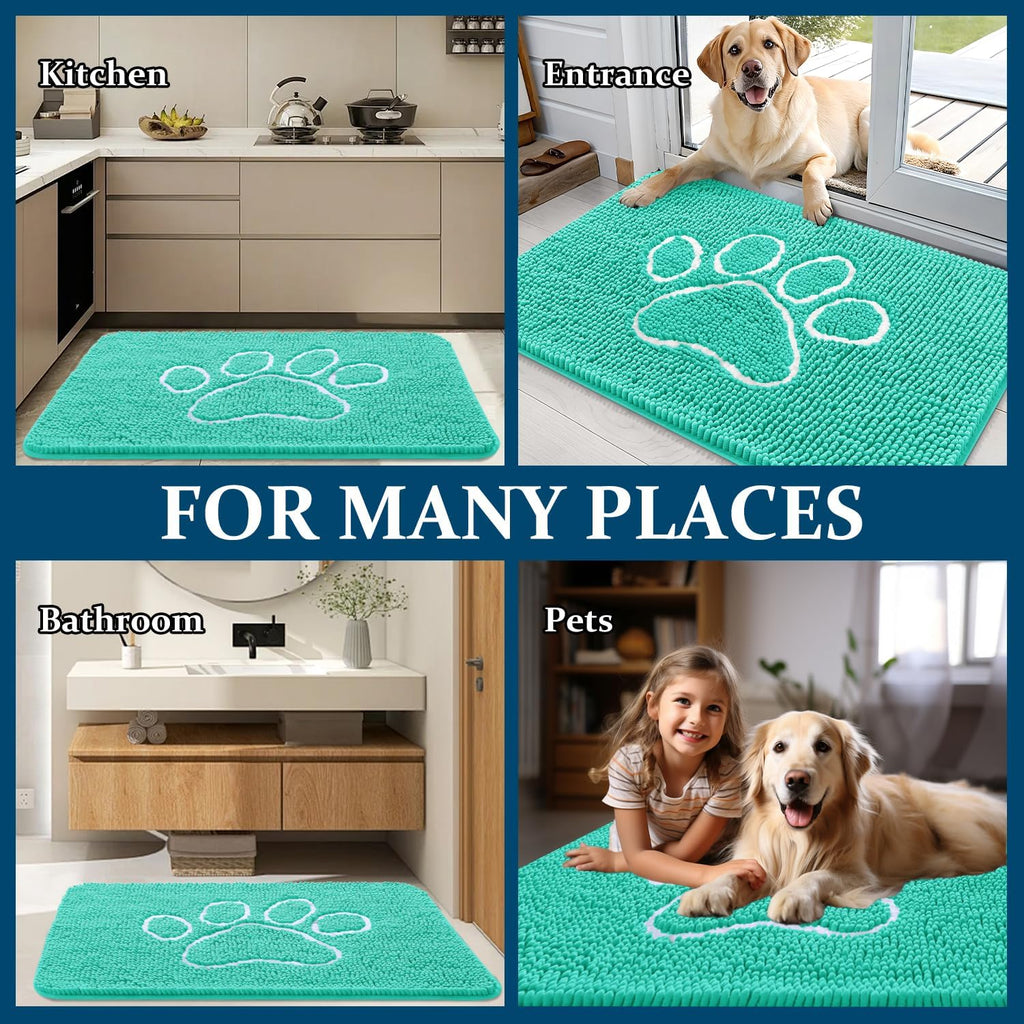 OLANLY Dog Door Mat - Absorbent Non-Slip Mud Mat for Paws | 59x35 Teal Chenille Design
