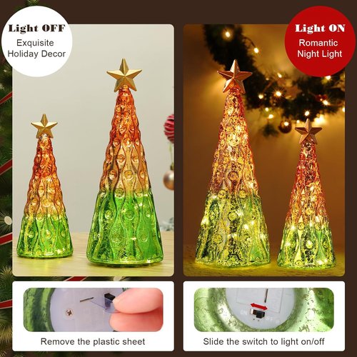 Lewondr Glass Christmas Trees - 2 PCS Mercury Tabletop Lamps with Built-in Lights | Green & Gold Decor