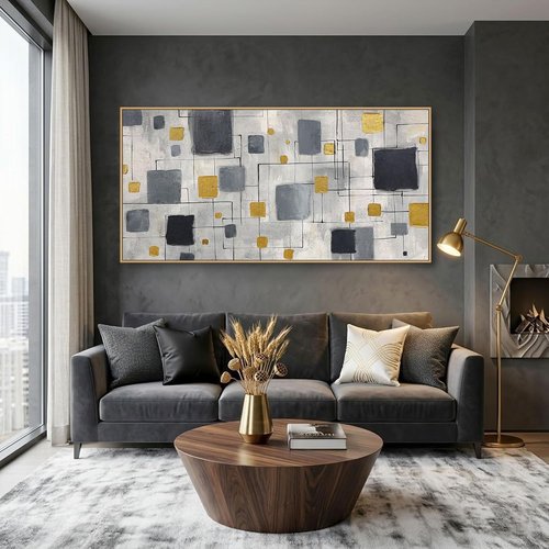 KLAKLA Modern Abstract Wall Art Poster - Unframed Black, Gold & Gray Decor for Living Room | 40x20 Inches