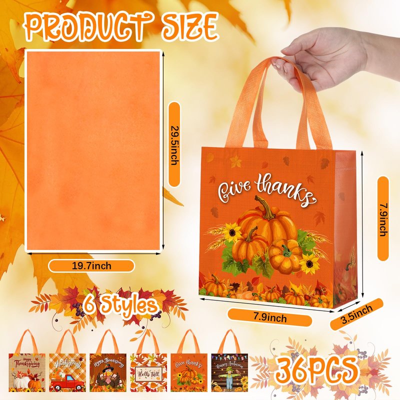 Sweetude 36 Pack Thanksgiving Gift Bags with Handles Reusable Thanksgiving Tote Bags with Tissue Paper Non-woven Fall Autumn Pumpkin Turkey Maple Leaf Turkey Gnome for Party Favor Supplies