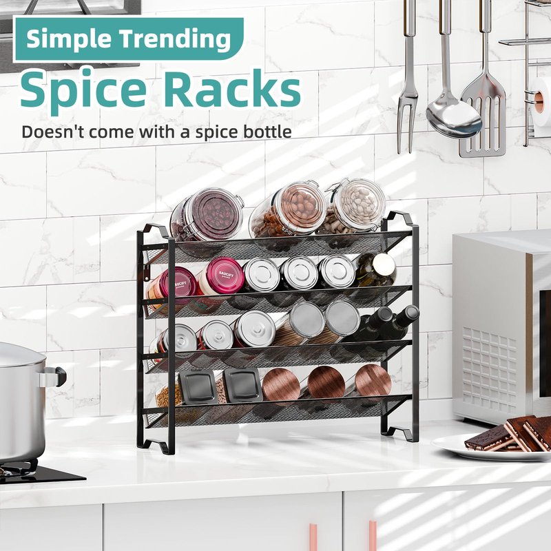 Simple Trending 2 Pack 4 Tier Spice Rack Organizer,Stackable Kitchen Counter Shelves,for Cabinet,Countertop,Pantry, Door or Wall Mount, Metal Mesh,Jars not Included, Black