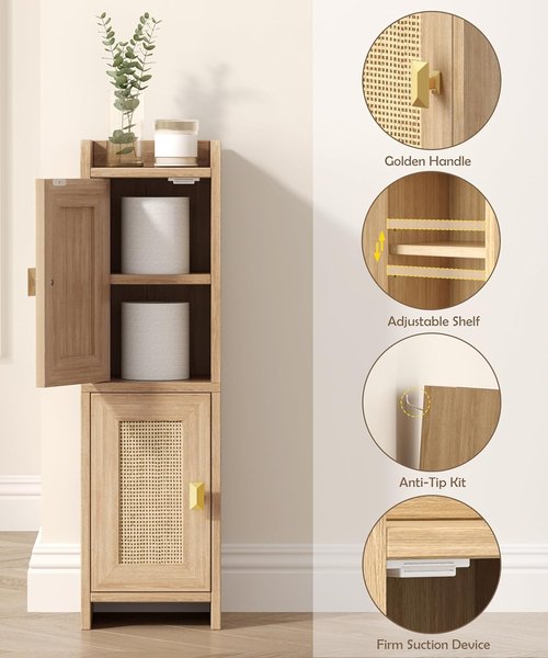 Akxomel Rattan Bathroom Cabinet - 2-Door Narrow Storage Unit for Small Spaces | Natural Oak, 7.9''D x 7.9''W