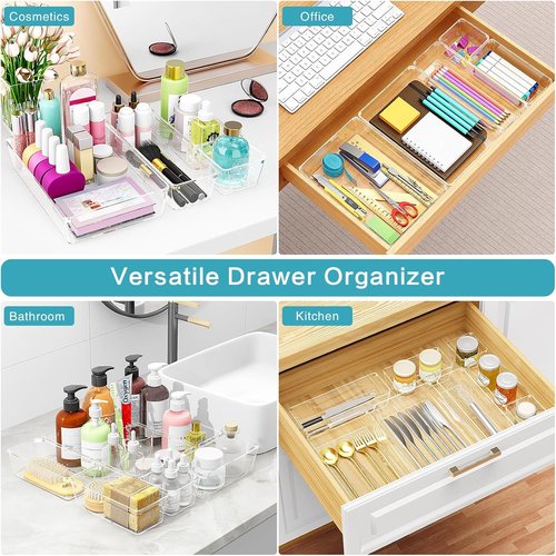 Manalete Drawer Organizers - Set of 12 Clear Plastic Storage Bins for Kitchen, Bathroom & Office
