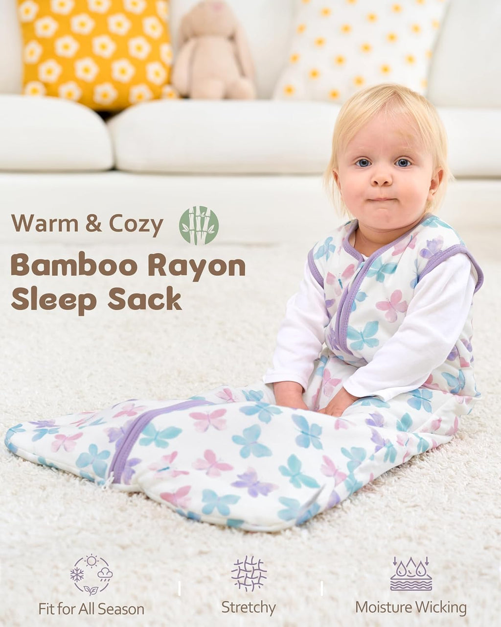 Rayon Made from Bamboo Baby Sleep Sack - Soft 1.0 Tog Wearable Blanket for Infants | 6-12 Months, Purple Butterfly (2 Pack)