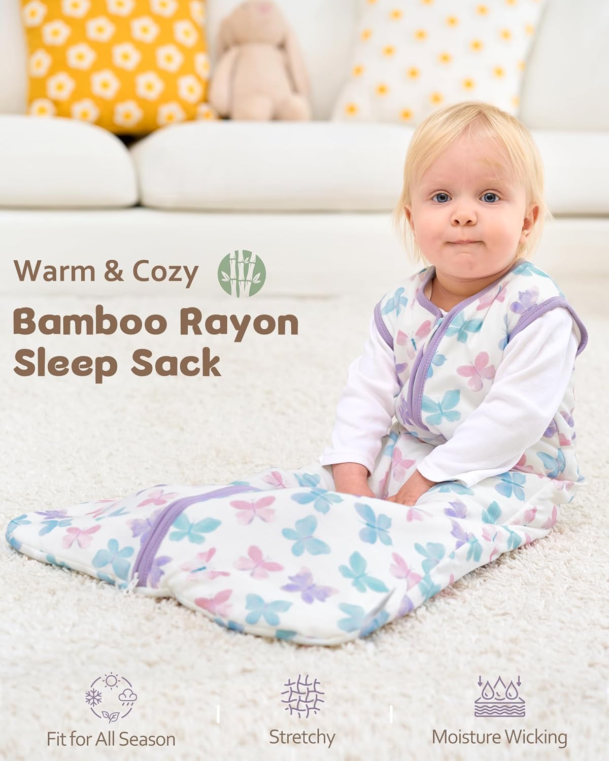 Rayon Made from Bamboo Baby Sleep Sack - Soft 1.0 Tog Wearable Blanket for Infants | 6-12 Months, Purple Butterfly (2 Pack)