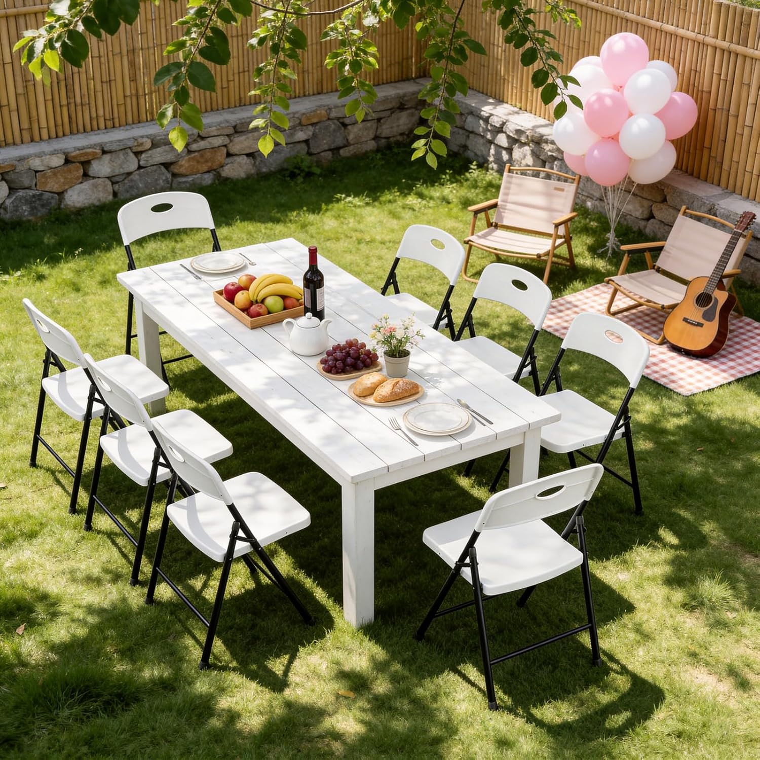 Plastic Folding Chairs 4 Pack - Sturdy Metal Outdoor Seating | Heavy Duty 350 lbs Capacity, White