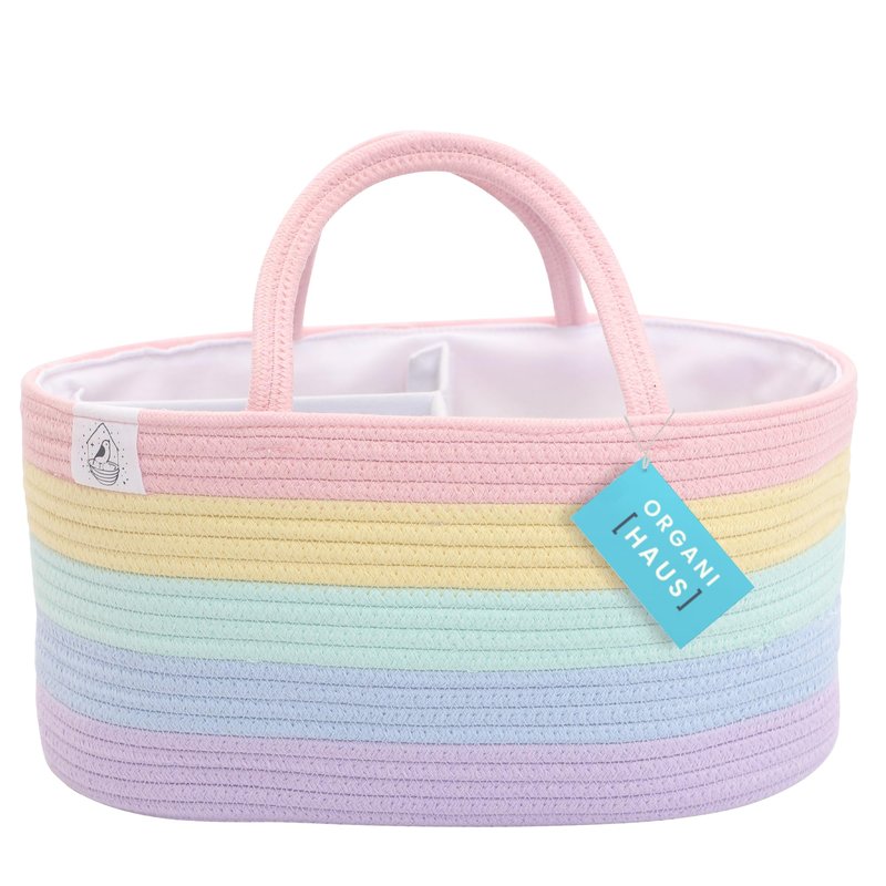 OrganiHaus Pastel Rainbow Nursery Storage Basket, Cotton Rope Toy & Diaper Caddy Organizer with Handles, Baby Diaper Organizer, Foldable Design, Machine Washable, Ideal for Baby Room & Laundry