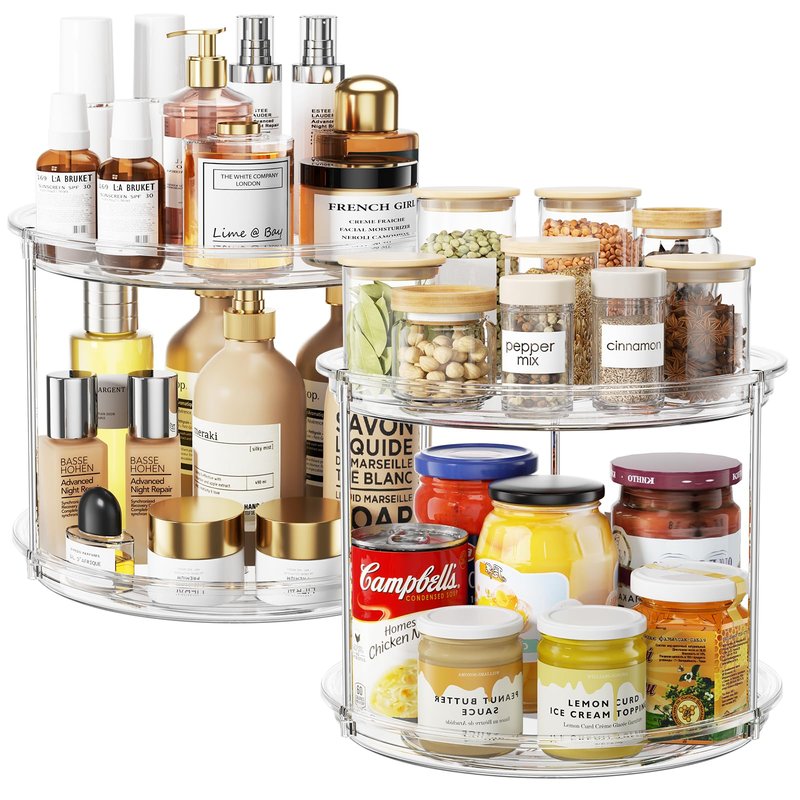 LazySpin 2 Pack 2 Tier Lazy Susan Organizer, 9.25'' Lazy Susan Turntable for Cabinet, Stackable Turntable Organizer Rotating Spice Rack Organization for Kitchen Countertop, Pantry, Bathroom, Clear