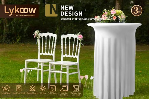 3 Packs Cocktail Table Covers Spandex Stretch White Round Tablecloth with Skirt, 32"x 43" Upgraded Model Cocktail Table Skirt Fitted High Top Stretch Table Dress for Party Wedding Banquet Table