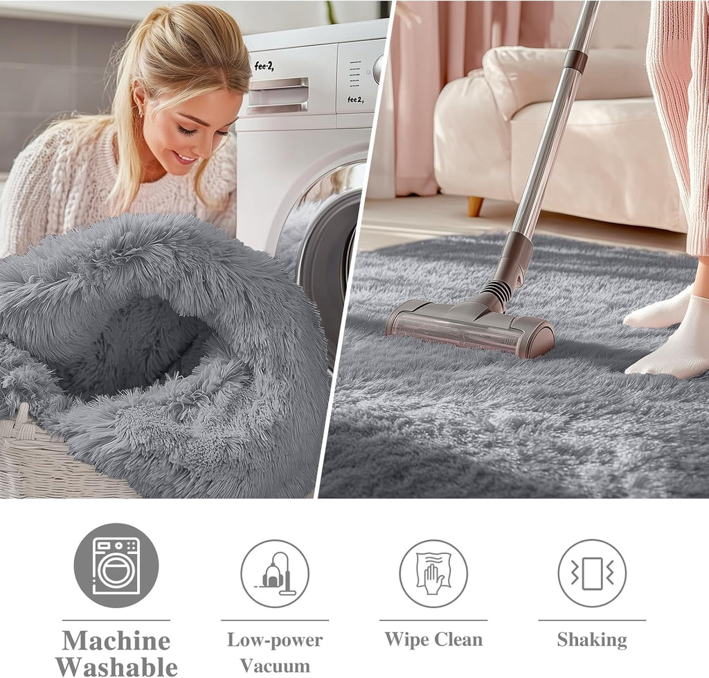 OLANLY Round Light Grey Area Rug - Soft, Fluffy, Machine Washable 9 ft Circle Carpet for Bedrooms & Living Rooms