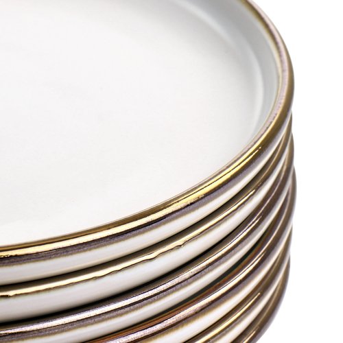 Elama Arthur 6 Piece Stoneware Salad Plate Set in Matt White with Gold Rim (Arthur Paul Salad), 6 Piece Set