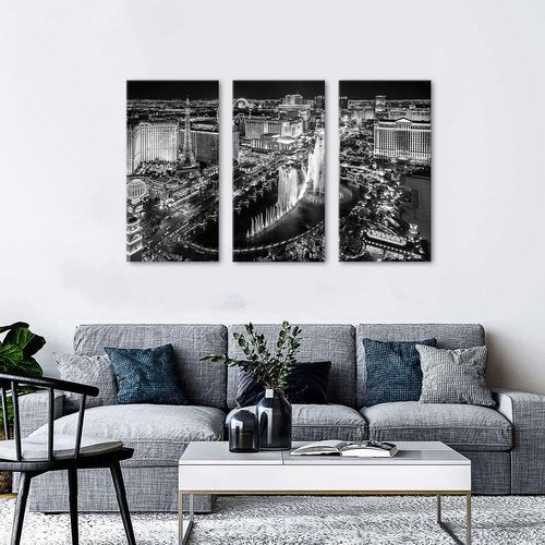 Las Vegas Skyline Wall Art - Black and White Cityscape Canvas Prints | 16x32 Inches, 3-Piece Set for Office & Home Decor