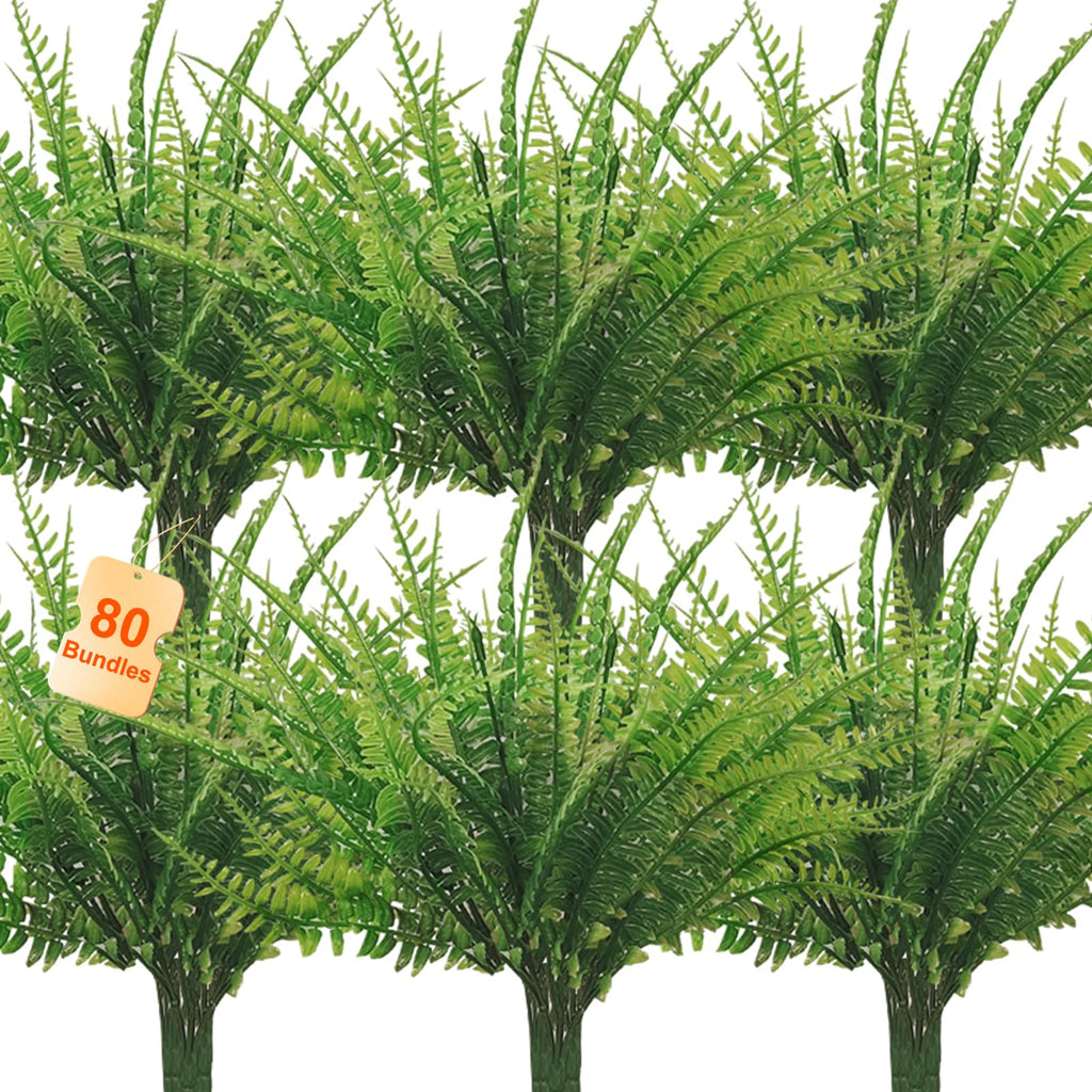 Coreland 80 Pcs Artificial Fake Boston Fern Plants Bushes Faux Plants Shrubs Greenery UV Resistant for House Office Garden Indoor Outdoor Décor