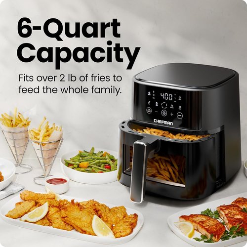 Chefman Air Fryer - 6 QT Compact Design for Quick Meals | Hi-Fry Technology & Easy-View Window, Touch Controls - Black
