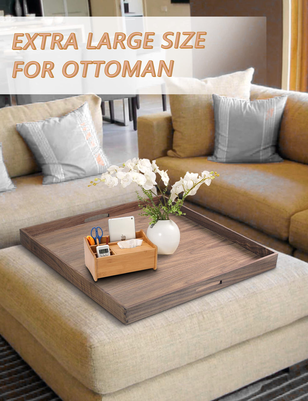 EXISTING 23x23 Inch Tray for Ottoman, Large Serving Tray with Handles,Brown Square Walnut Platter Decorative Wooden Tray for Breakfast in Bed,Living Room,Coffee Table,Party Serving