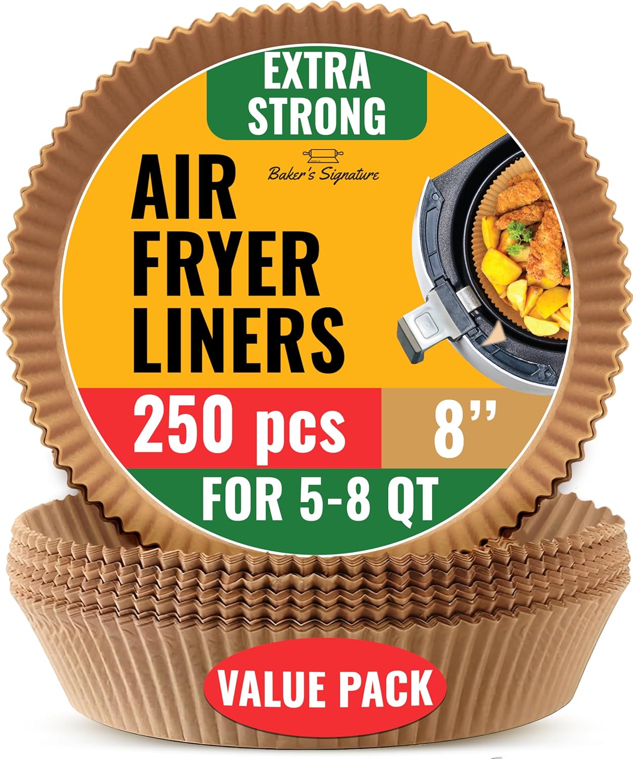 Baker's Signature 250 Pcs Air Fryer Liners - Non-Stick & Oil Proof for Easy Cleanup | 8 Inch for 5-8 Qt Baskets