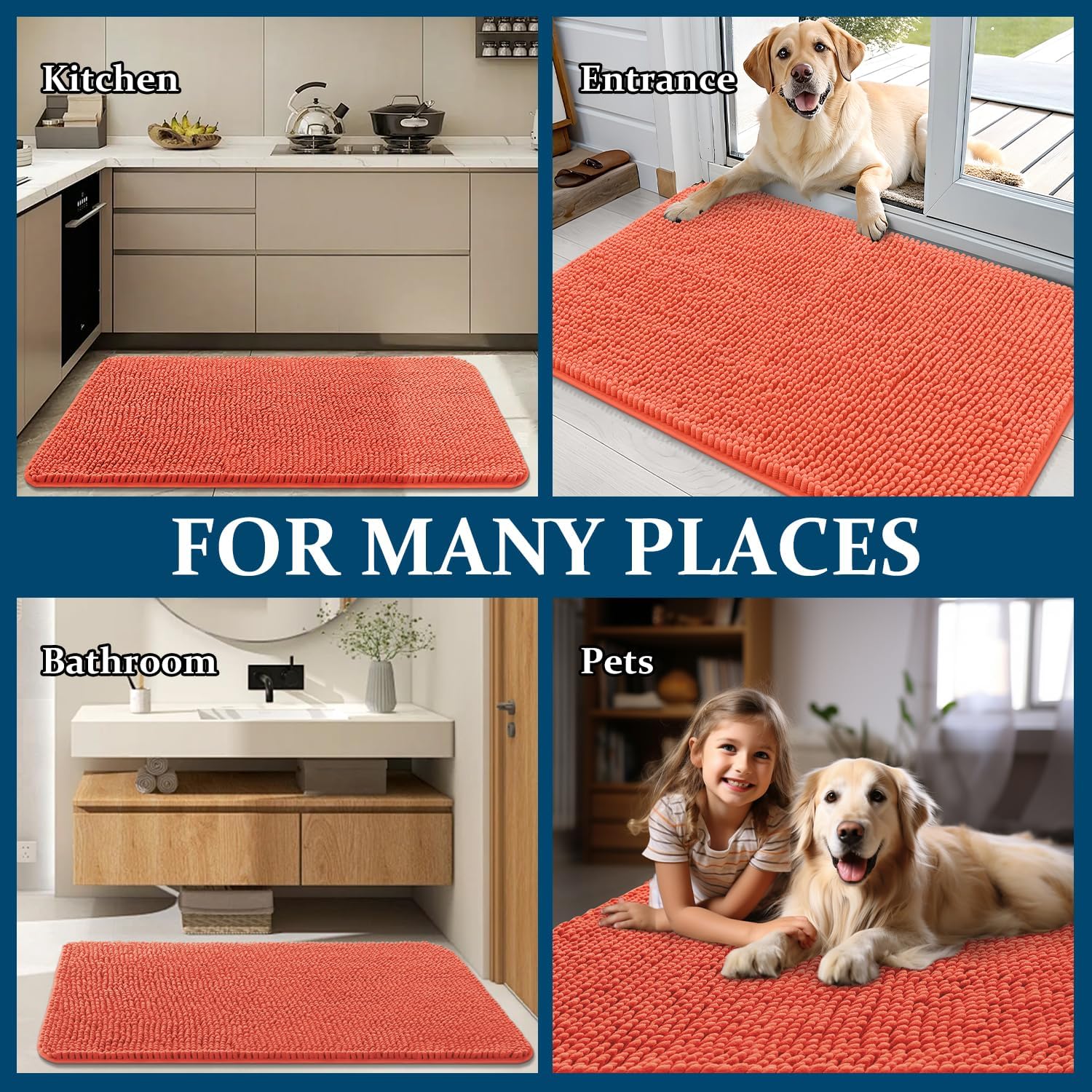 OLANLY Dog Door Mat - Absorbent Non-Slip Chenille Mat for Muddy Paws | 34x21 Coral Indoor Carpet