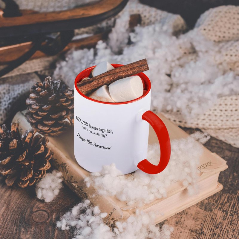 3dRose Happy 18th Anniversary - 157788 hours together 11oz Two-Tone Red Mug