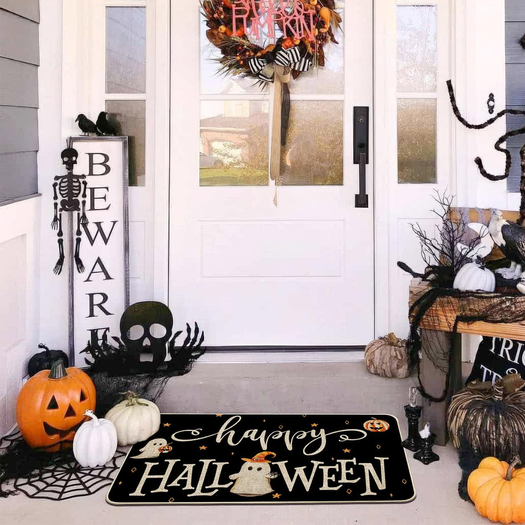 Baccessor Halloween Ghost Kitchen Mats Set of 2, Spooky Pumpkins Ghost Black Kitchen Mat Rug Low-Profile Non Slip Absorbent Kitchen Floor Mats for Fall Home Party Decor 17x29 and 17x47 Inch
