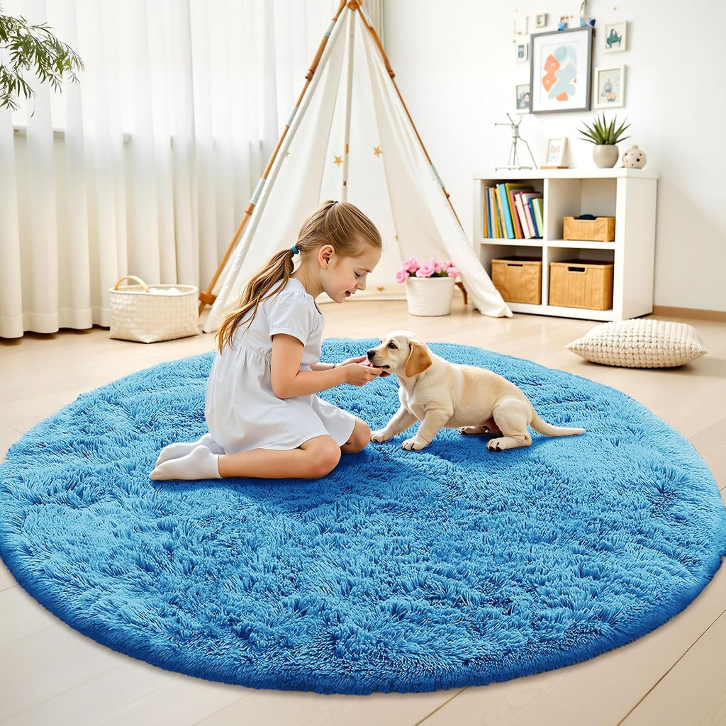 OLANLY Bright Blue Round Rug - Soft, Fluffy, Machine Washable 6 ft Circle Area Rug for Bedroom & Living Room Decor