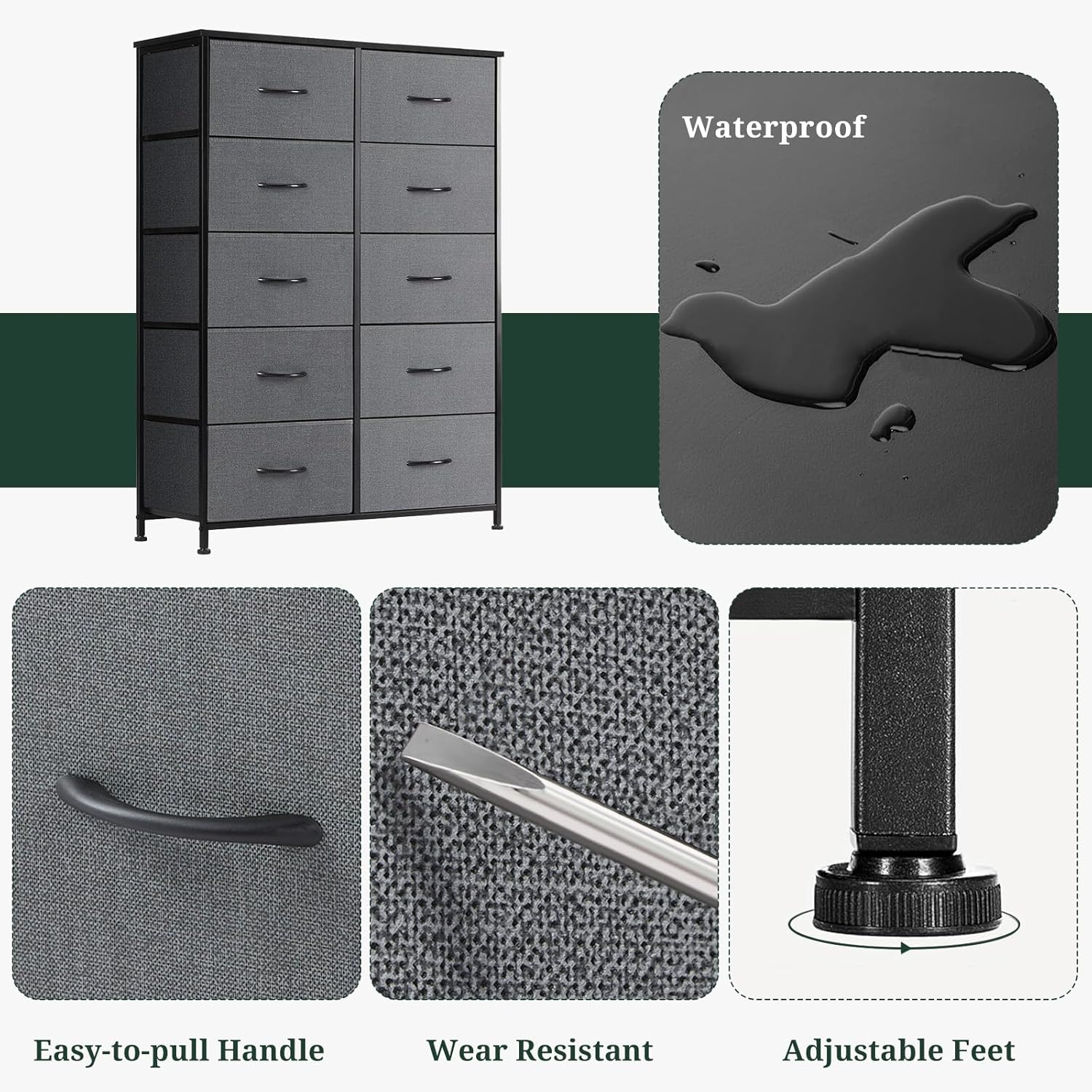 Regine Switzerland 10-Drawer Dresser - Anti-Tip Tall Storage Organizer with Wooden Top & Metal Frame - Gray