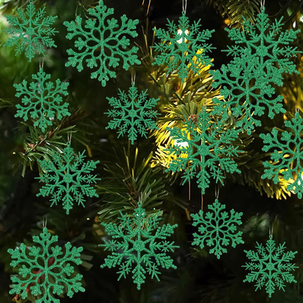 Skiennix Dark Green Christmas Snowflake Ornaments - 36 Pcs Glitter Hanging Decorations for Holiday Home Decor