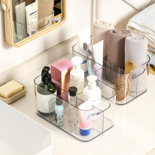 5-Compartment Clear Plastic Bin | Versatile Art Supplies & Makeup Organizer - Ideal for Vanity, Bathroom, Kitchen
