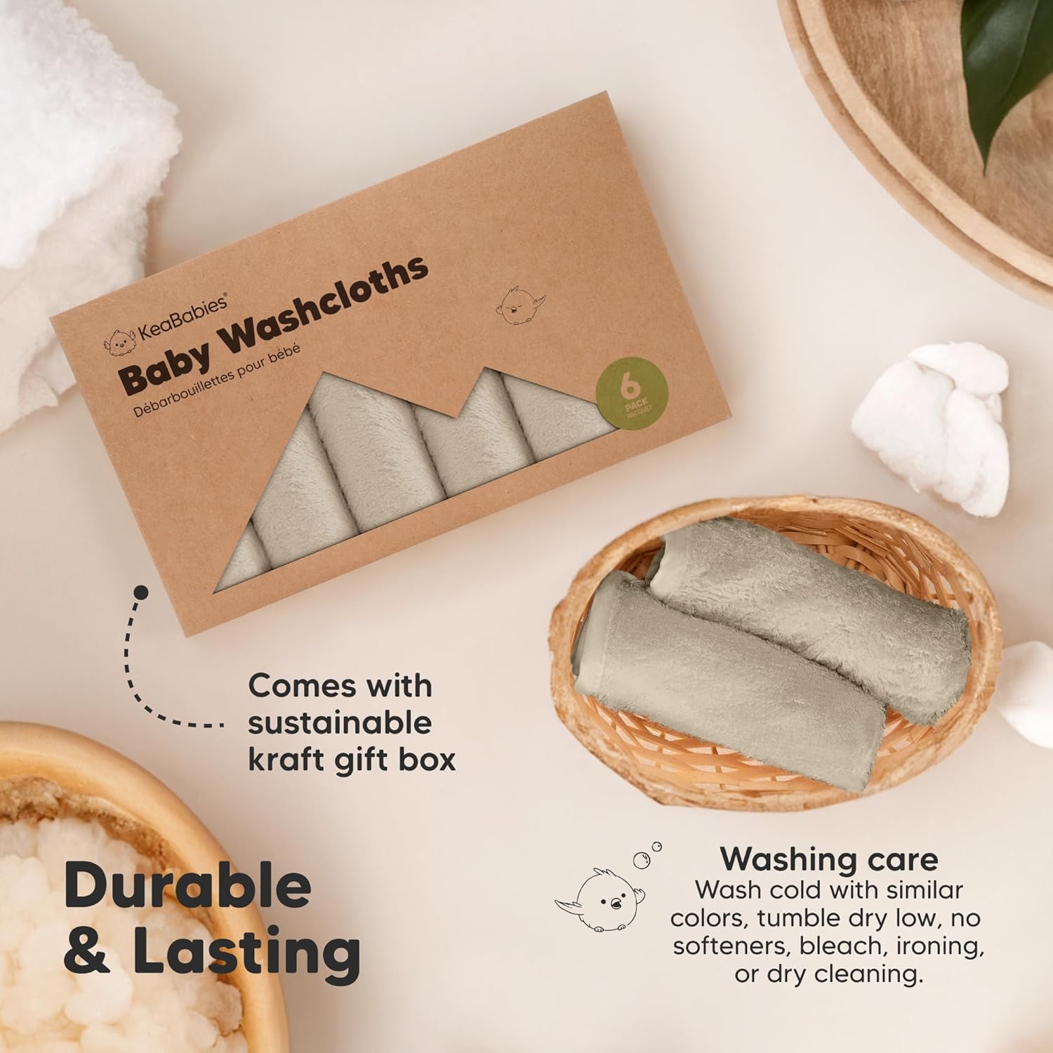 Skiennix 6-Pack Baby Washcloths - Soft, Absorbent Bamboo Towels for Newborns & Toddlers | 10x10 Earth Brown