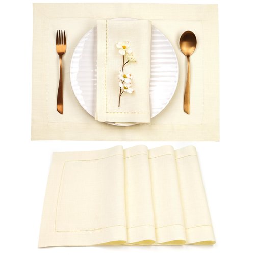 D'Moksha Homes Cream Linen Cloth Placemats Set of 4-100% Pure Linen Hemstitch Placemats 14 x 19 Inch - Classic Hemstitch Table Place Mats for Spring, Easter - Handcrafted and Machine Washable