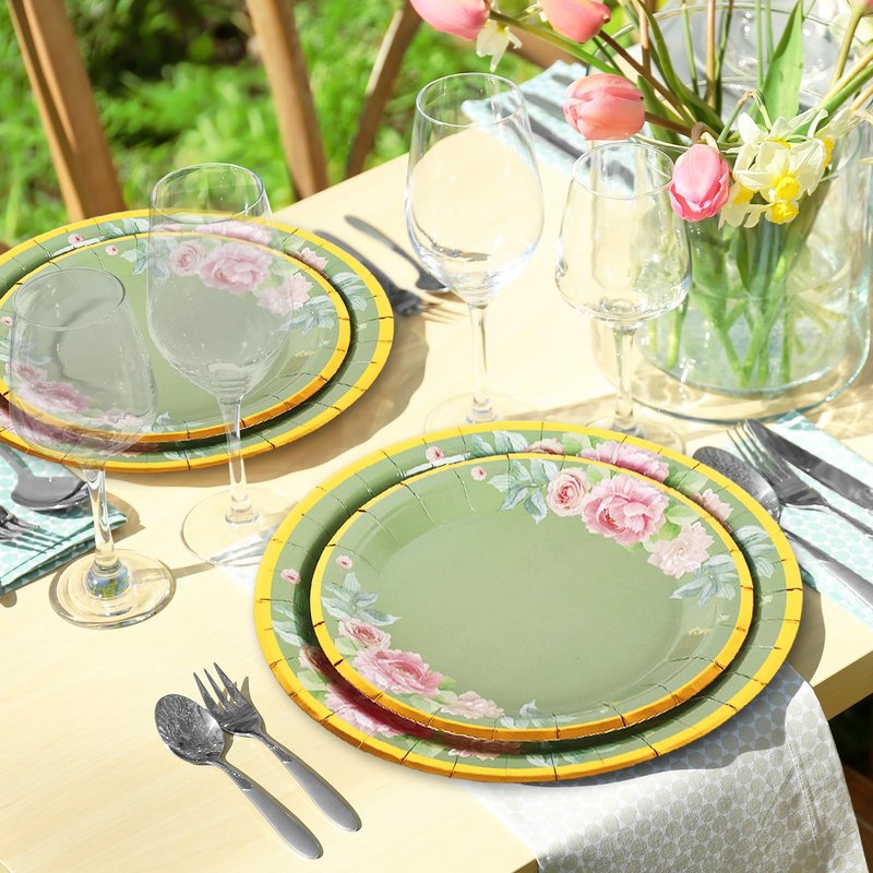 Whaline 120 Pcs Sage Green Flower Tea Party Decorations for 24 Guests 24 9" Dinner Plates 24 7" Dessert Plate 24 9oz Cups 48 Luncheon Napkins for Spring Bridal Shower Wedding Party Supplies